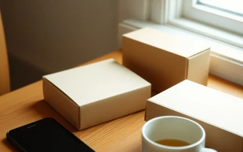 Caixas de encomenda e um celular sobre uma mesa de madeira, representando a comparação de ofertas antes da compra.