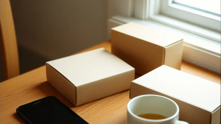 Caixas de encomenda e um celular sobre uma mesa de madeira, representando a comparação de ofertas antes da compra.
