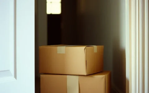 Caixas de encomenda de tamanhos diferentes em uma entrada de casa, representando a comparação do mesmo produto entre lojas.