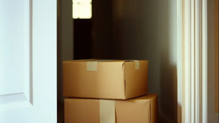 Caixas de encomenda de tamanhos diferentes em uma entrada de casa, representando a comparação do mesmo produto entre lojas.
